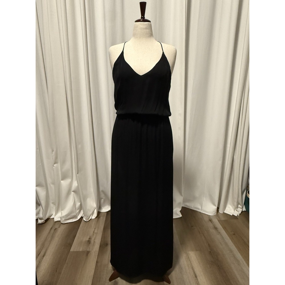 Rory Beca 100% Silk Ethereal Halter Maxi Dress Black Open Back Sheer Hem Luxe L